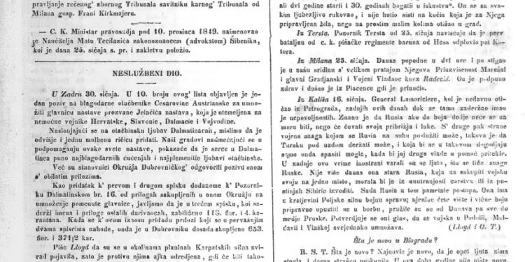 Naslovna stranica Glasnika dalmatinskog broj 11 iz Zadra, utorak 5. veljače 1850. godine, s vijestima o nezapamćenoj zimi i oluji.