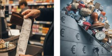 Konceptualna fotografija koja prikazuje vagu na kojoj je s jedne strane novac, a s druge dugački fiskalni račun iz trgovine, simbolizirajući nesrazmjer između hrvatskih plaća i visokih cijena.