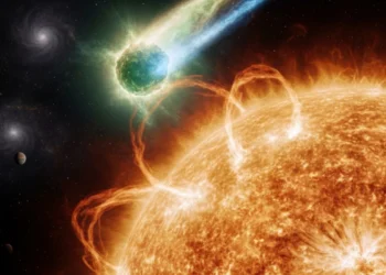 Digitalna ilustracija kometa C/2026 A1 (MAPS) s dugim svijetlim repom u ekstremnoj blizini Sunčeve površine tijekom perihela