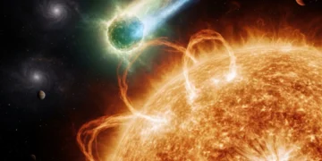 Digitalna ilustracija kometa C/2026 A1 (MAPS) s dugim svijetlim repom u ekstremnoj blizini Sunčeve površine tijekom perihela