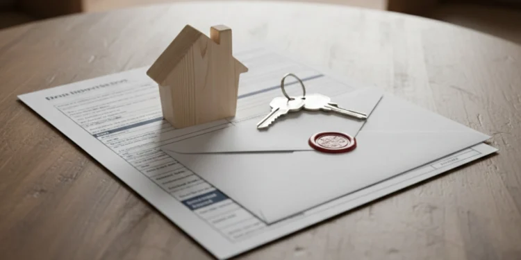Drvena maketa kuće, ključevi i službena omotnica s dokumentima na stolu, koji simboliziraju rješavanje poreza na nekretnine i zakonska oslobođenja.