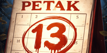 Ilustracija starog kalendara na kojem je crvenom bojom zaokružen broj 13 uz natpis Petak, simbolizirajući strah i praznovjerje